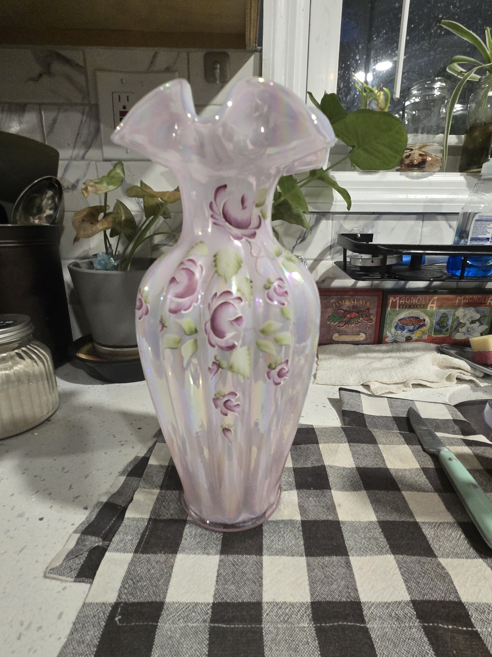 Rare Vintage Fenton Hand Painted Irredescent Pink Vase Signed Artist Jo Lynch